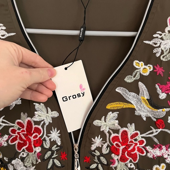 $55 Floral Embroidered V-Neck Boho Top - Olive Medium - Picture 3 of 6